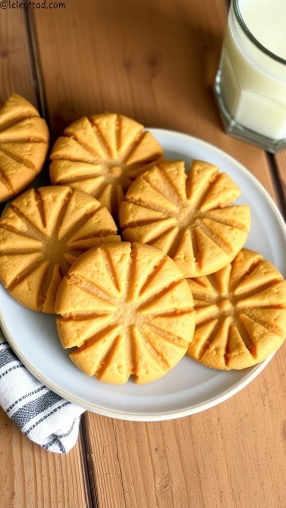 A plate of golden peanut butter cookies with a crisscross pattern, next to a glass of milk on a wooden table.
